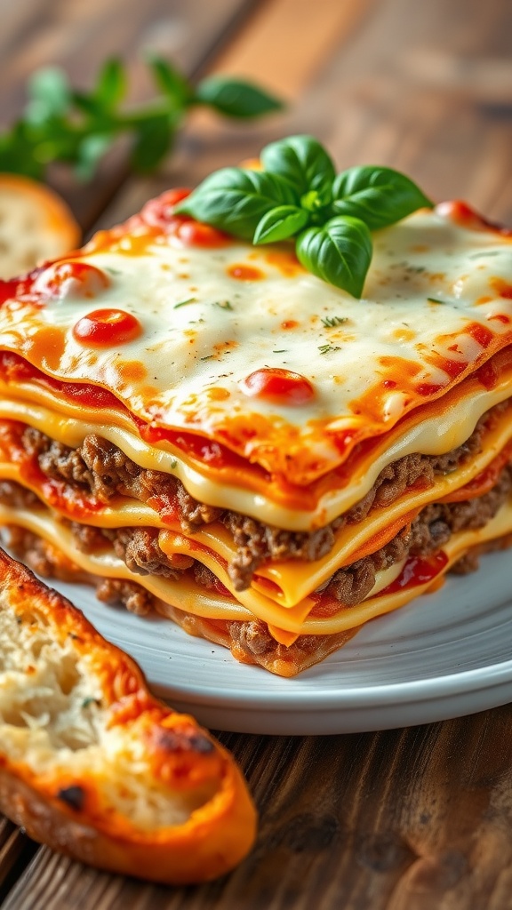 A slice of Jjong lasagna with layers of meat, béchamel, and cheese, garnished with basil, on a rustic table with garlic bread.